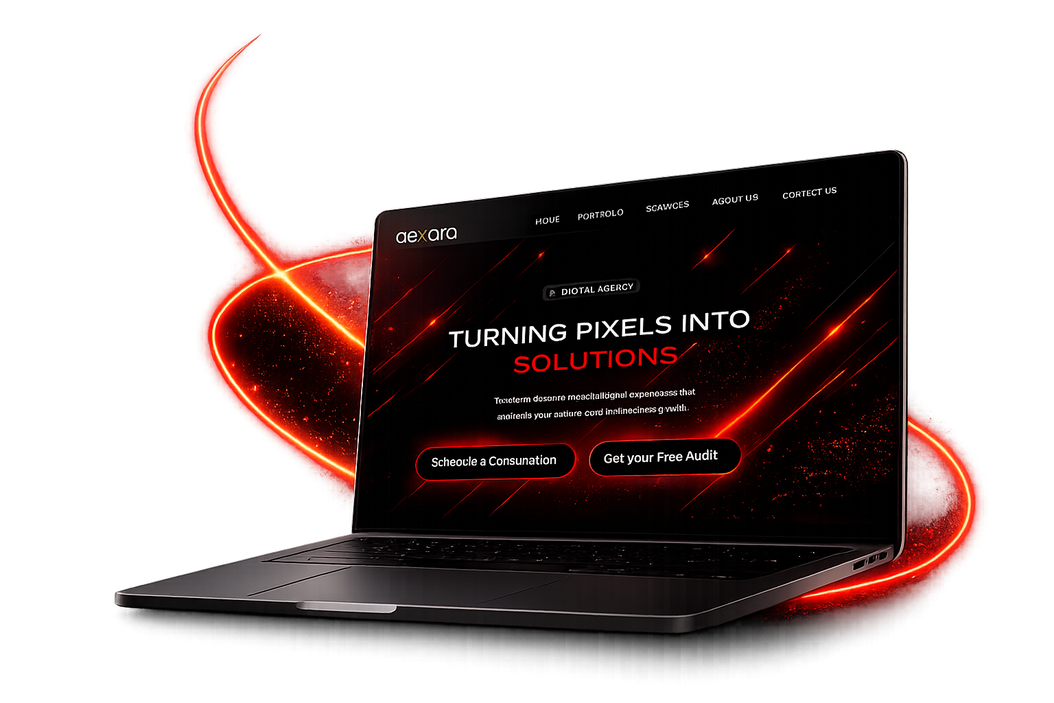 Dexora Digital AI SEO agency website displayed on a laptop with a modern black and red digital marketing design.