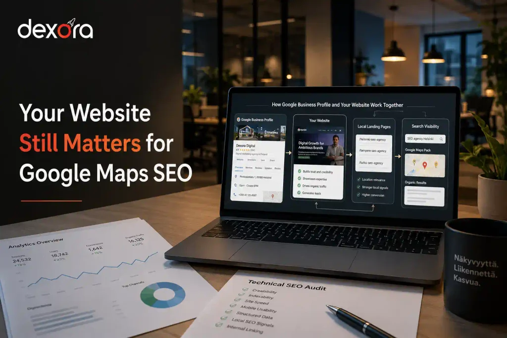 Google Business Profile optimization Finland showing how a website supports Google Maps SEO with local landing pages, search visibility, and business profile signals.