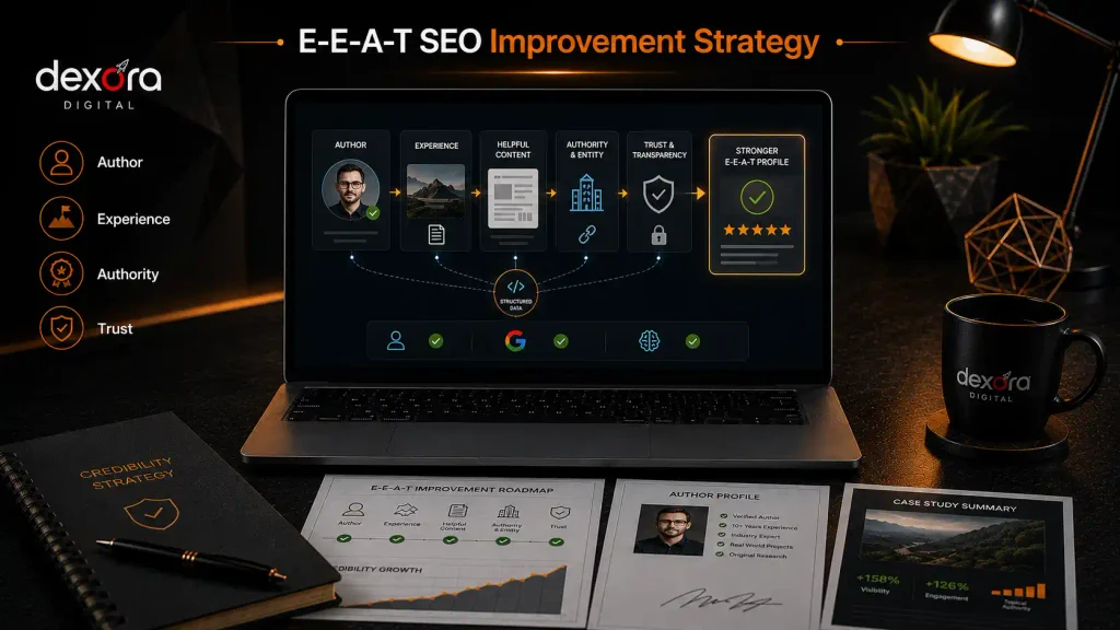 E-E-A-T SEO strategy showing experience, expertise, authority, and trust signals.