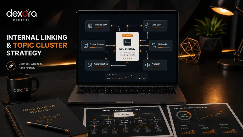 Internal Linking for SEO visualization showing a pillar page connected to topic cluster pages including Technical SEO, Local SEO, Content Strategy, SEO Audit, WordPress SEO, and AI Search