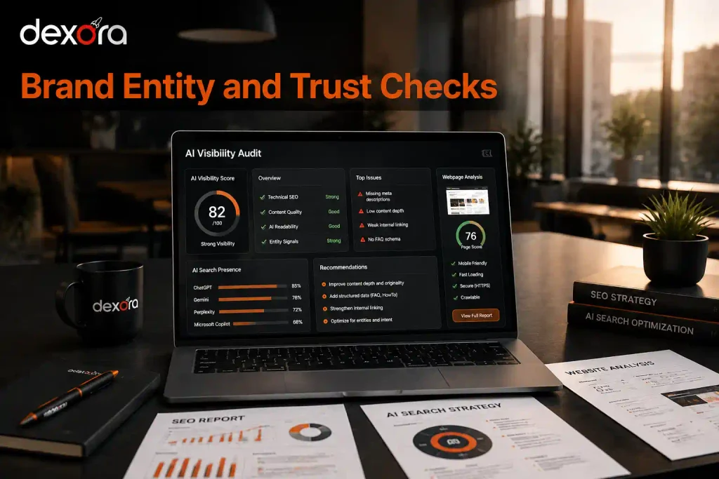 AI visibility audit Finland dashboard showing brand entity, trust signals, and AI search analysis.