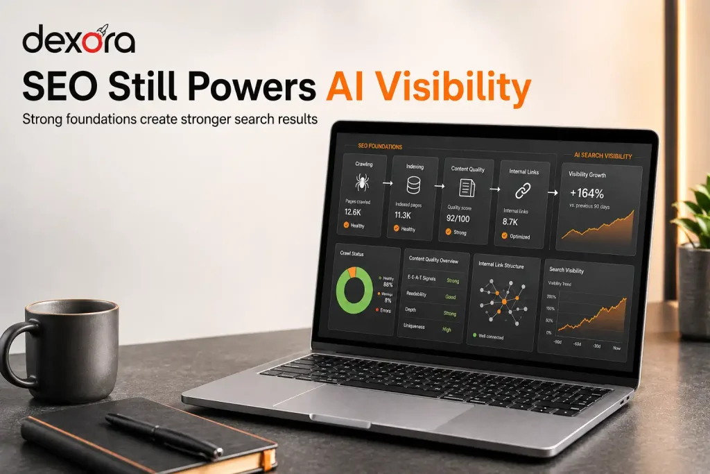 Google AI Overviews optimization with SEO dashboard showing search visibility growth.