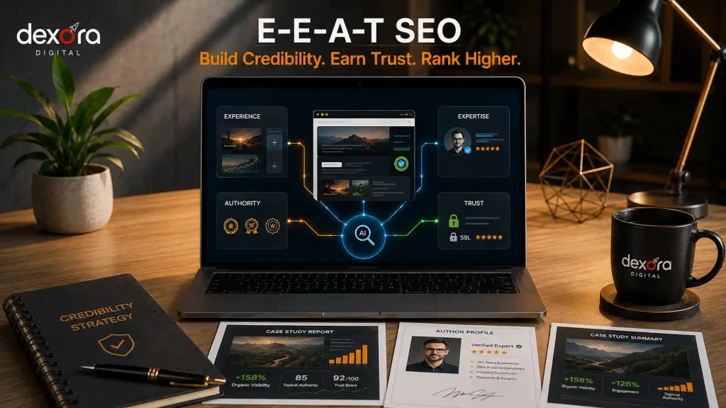 E-E-A-T SEO strategy showing experience, expertise, authority, and trust signals for Google and AI search.