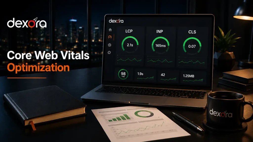 Core Web Vitals optimization checklist showing LCP, INP, and CLS performance metrics on a website dashboard.