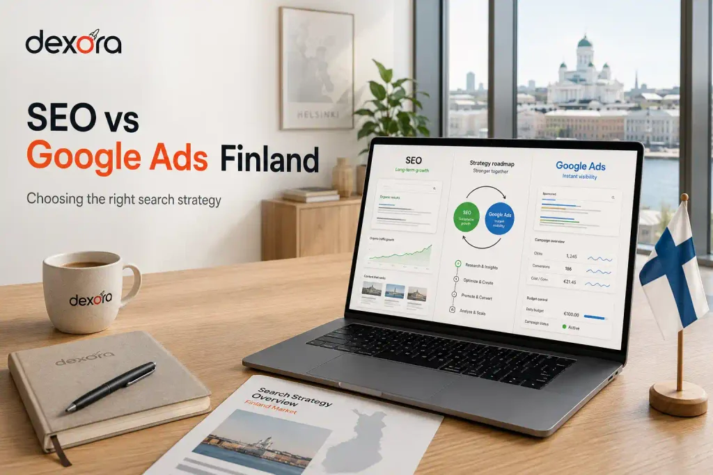 SEO Audit Finland comparison showing SEO and Google Ads strategies for business search visibility.