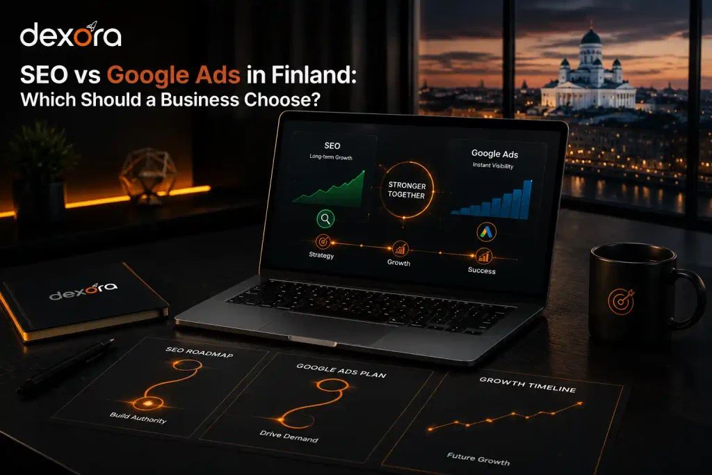 SEO Audit Finland strategy planning showing SEO and Google Ads options for future business growth.