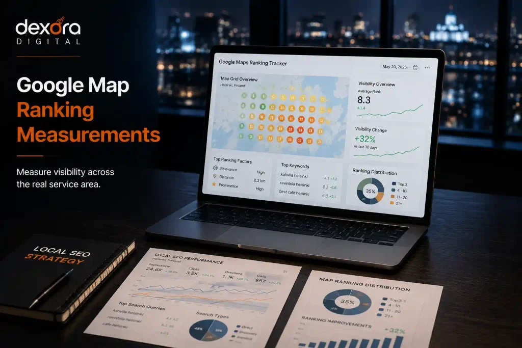 Google Maps ranking factors measurement dashboard showing local SEO visibility, rankings, and performance tracking.