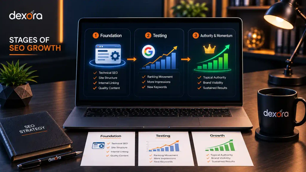 How Long Does SEO Take: visual representation of the SEO growth timeline from foundation and testing to authority and long-term organic growth.