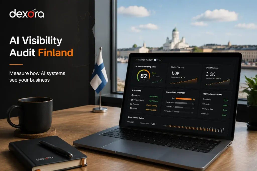 AI visibility audit Finland dashboard showing AI search visibility score, citations, brand mentions, and technical SEO checks.