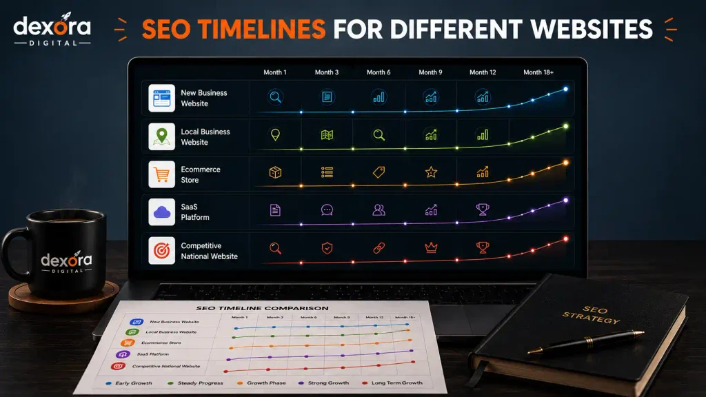 How Long Does SEO Take for different types of websites, showing SEO growth timelines for new business, local, ecommerce, SaaS, and competitive websites.