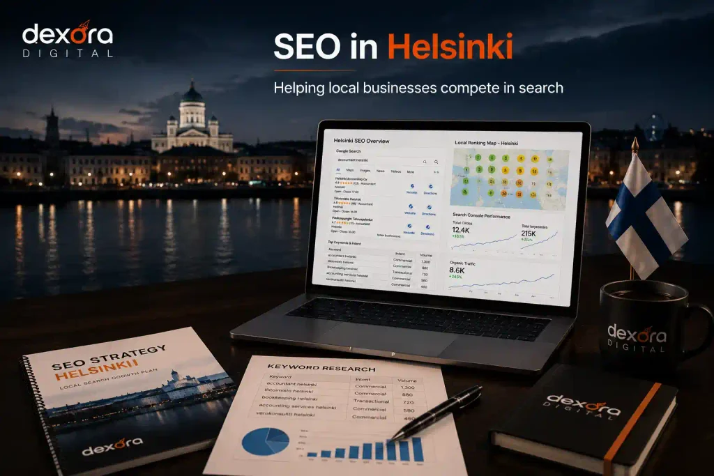 SEO Helsinki strategy showing local search analysis, Google Maps visibility, keyword research, and SEO performance tracking for Helsinki businesses