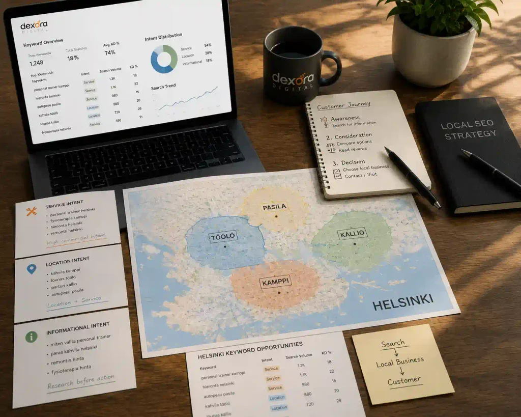 SEO Helsinki search market analysis showing keyword research, customer intent mapping, and local SEO strategy for Helsinki businesses