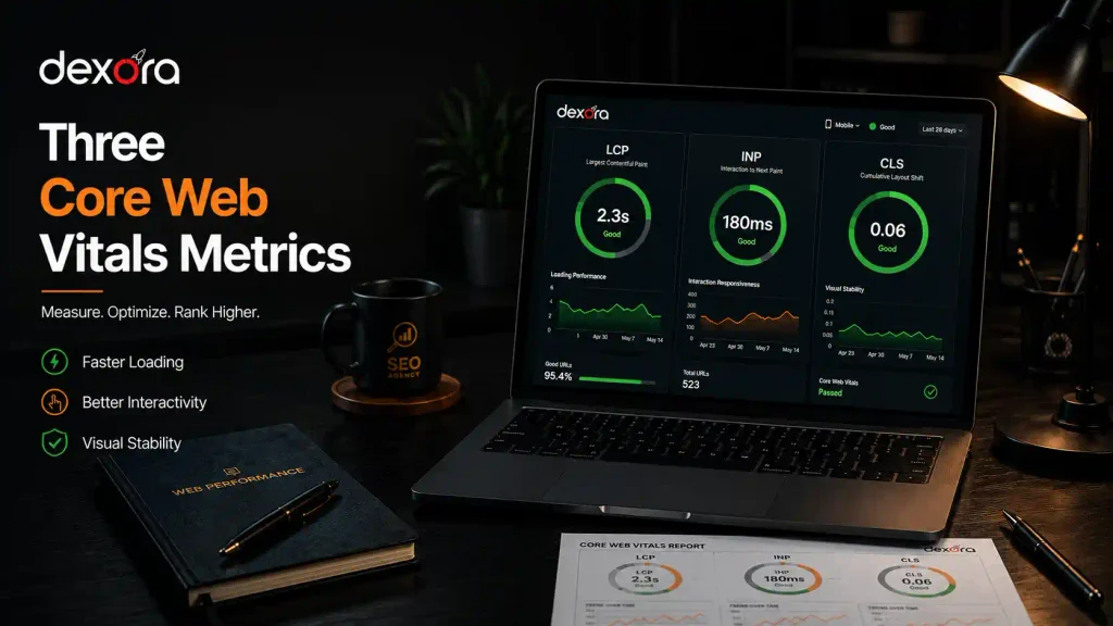 Core Web Vitals optimization dashboard showing LCP, INP, and CLS performance metrics on a laptop