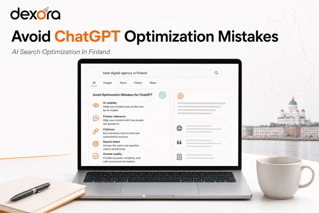 ChatGPT visibility Finland graphic showing AI search optimization mistakes to avoid, including relevance, citations, search intent, and answer quality.