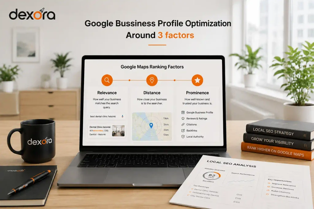 Google Maps ranking factors shown through Google Business Profile optimization with relevance, distance, and prominence signals.