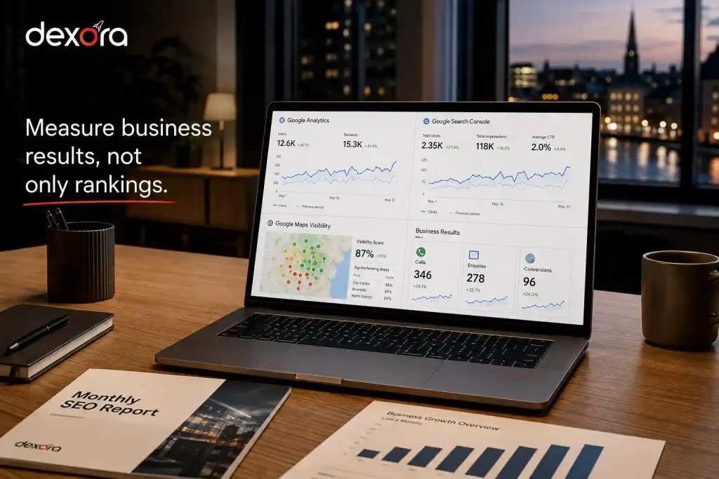 Local SEO Oulu dashboard showing Google Maps visibility, SEO performance, leads, calls, and business conversions