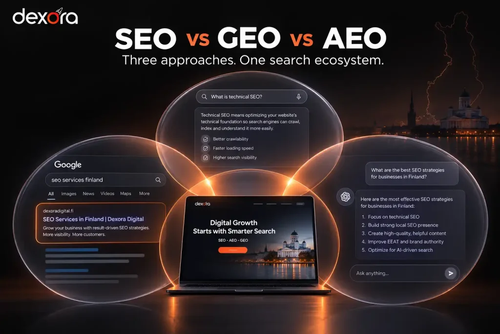 SEO vs GEO vs AEO comparison showing Google search, direct answers, and AI-generated search results in Finland.