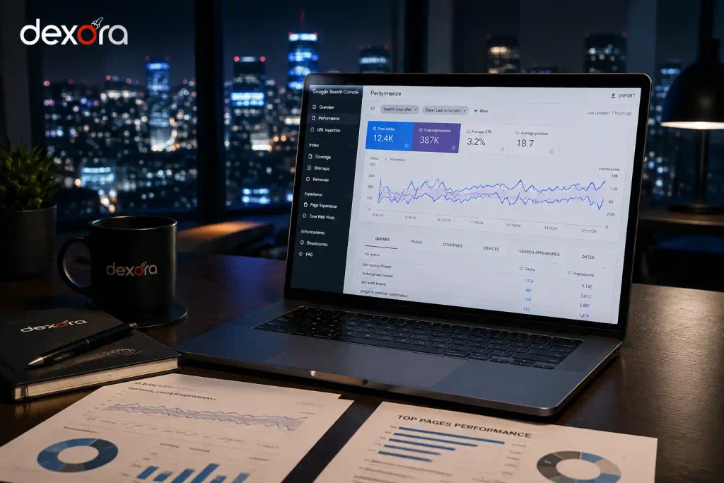 SEO audit Finland dashboard showing Search Console data, clicks, impressions, and keyword performance analysis.