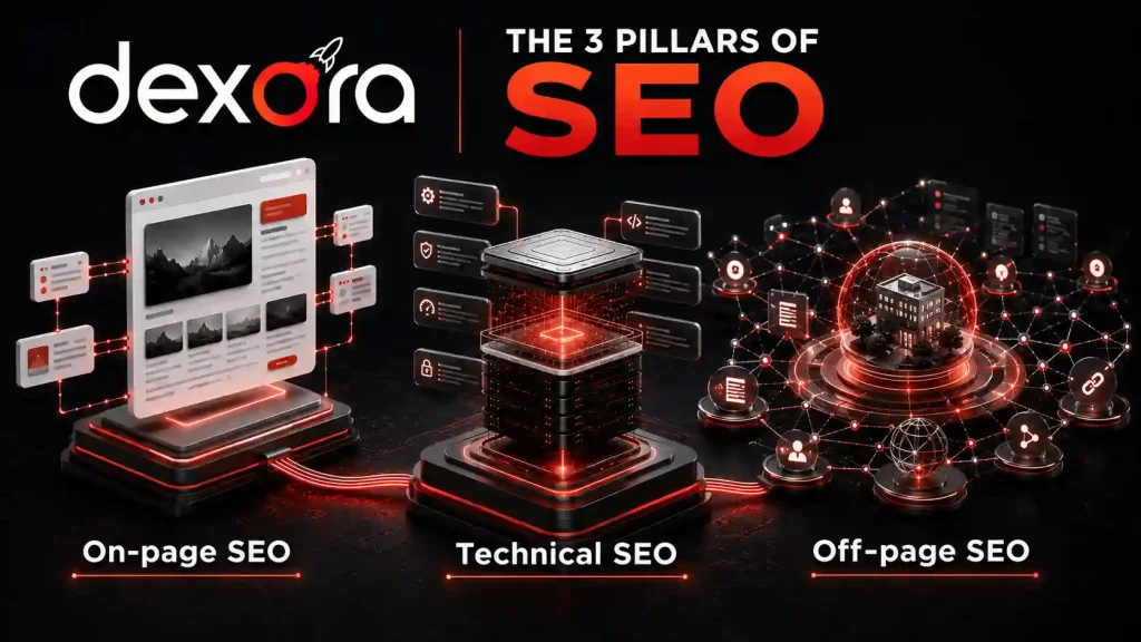 What is SEO showing the three main types of SEO including on-page SEO, technical SEO, and off-page SEO