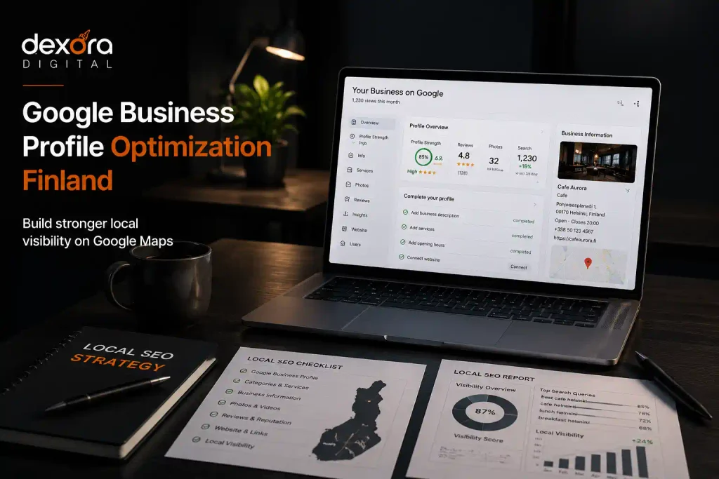 Google Business Profile optimization Finland checklist showing profile setup, local SEO factors, business information, services, reviews, and Google Maps visibility improvements.