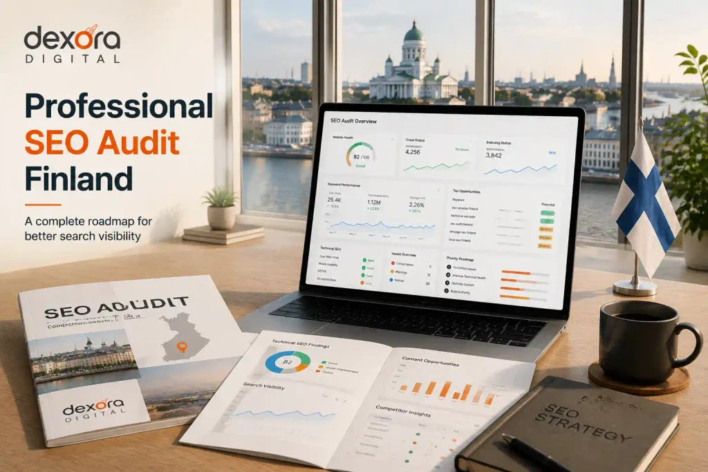 SEO audit Finland dashboard showing technical SEO, keywords, performance, and website analysis.