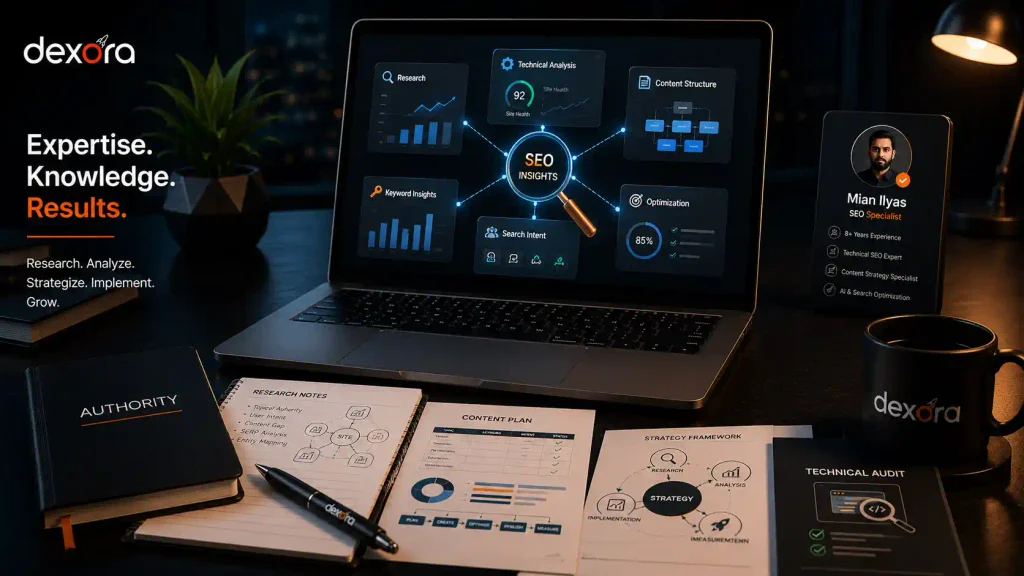 E-E-A-T SEO illustration showing an expert SEO workspace with research, technical analysis, content strategy, and professional knowledge.