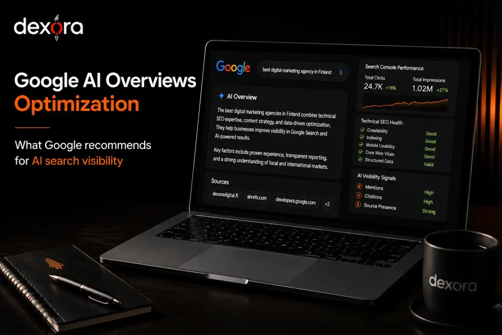 Google AI Overviews optimization dashboard showing AI search visibility, SEO signals, and Google recommendations on a laptop.