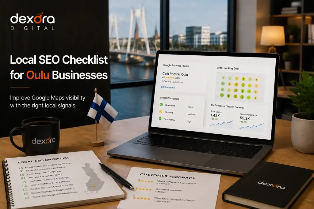 Local SEO Oulu checklist showing Google Business Profile optimization, local ranking factors, reviews, and search performance