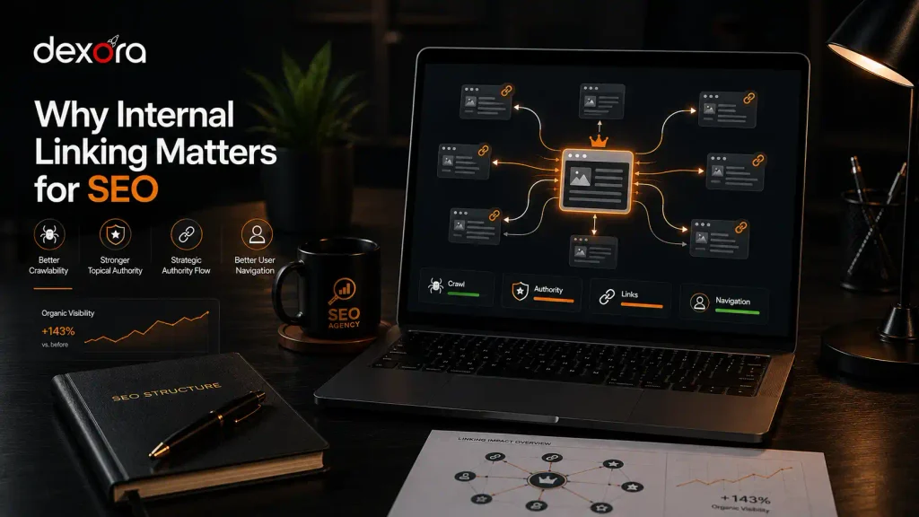 Internal Linking for SEO strategy showing connected website pages, authority flow, crawlability, and improved navigation