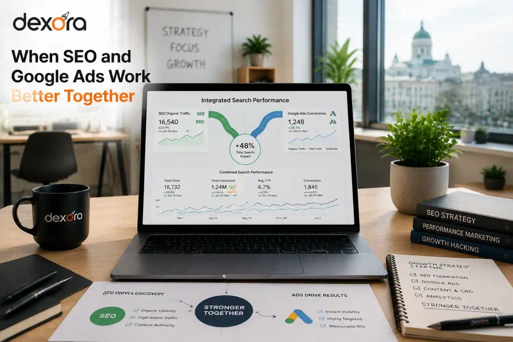 SEO Audit Finland strategy showing SEO and Google Ads working together for improved search visibility.