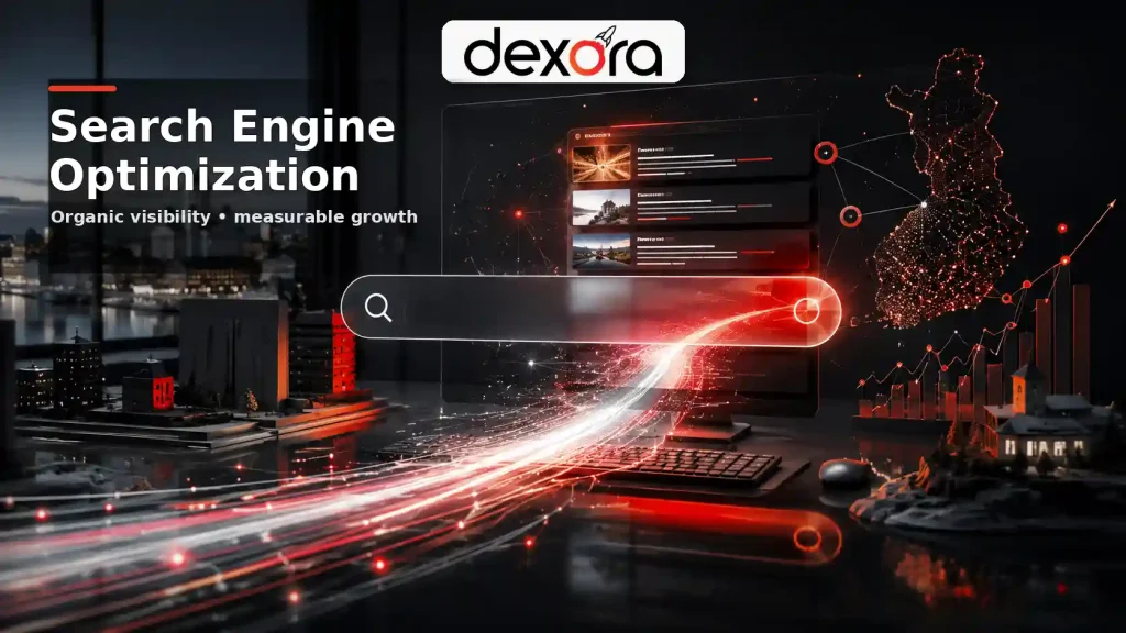 What is SEO illustrated with a digital search optimization concept for businesses in Finland by Dexora Digital