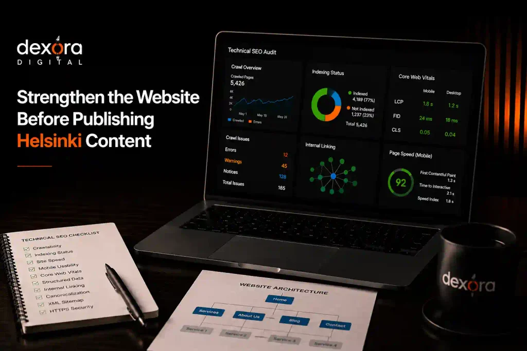 SEO Helsinki technical SEO audit showing website performance, indexing status, Core Web Vitals, and website architecture improvements