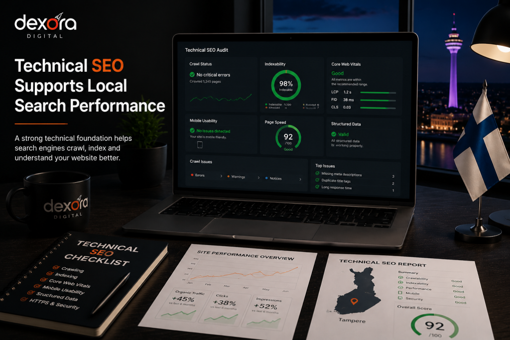 Technical SEO Tampere audit showing website performance, indexing, crawlability and local search improvements