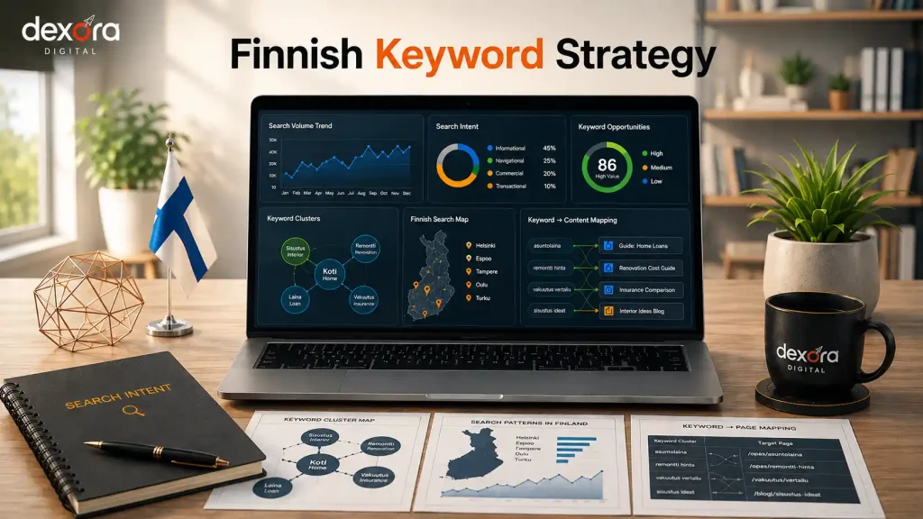 Keyword Research Finland strategy showing Finnish search intent, keyword clusters, and SEO opportunities.