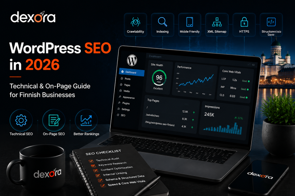 WordPress SEO Finland guide showing technical SEO, website performance, Core Web Vitals and optimization strategy