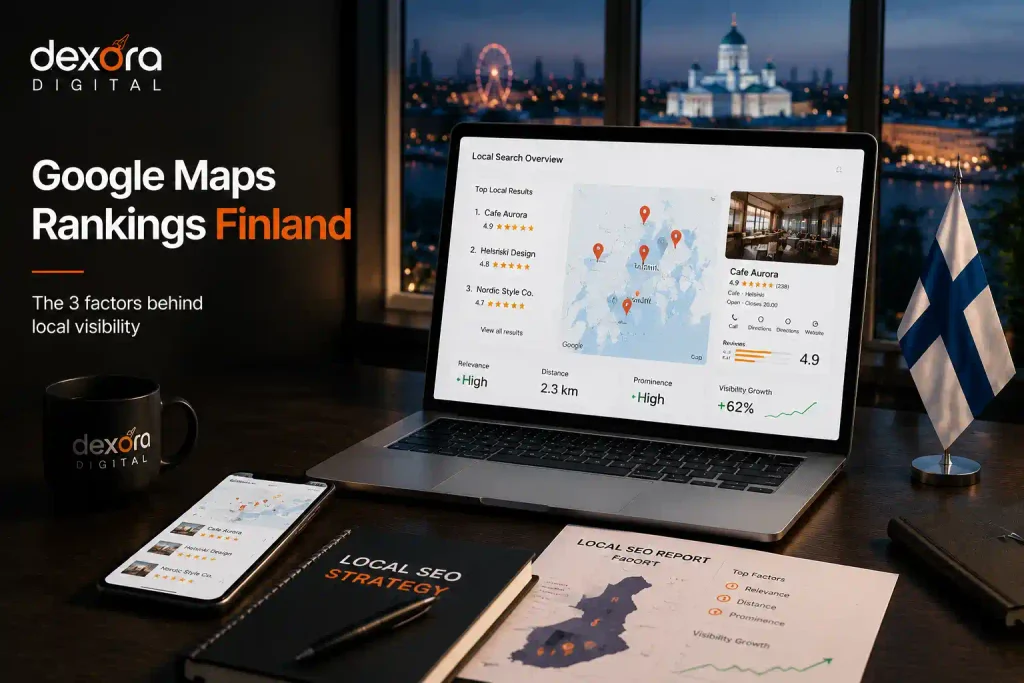 Google Maps ranking factors showing relevance, distance, and prominence for improving local business visibility in Finland.