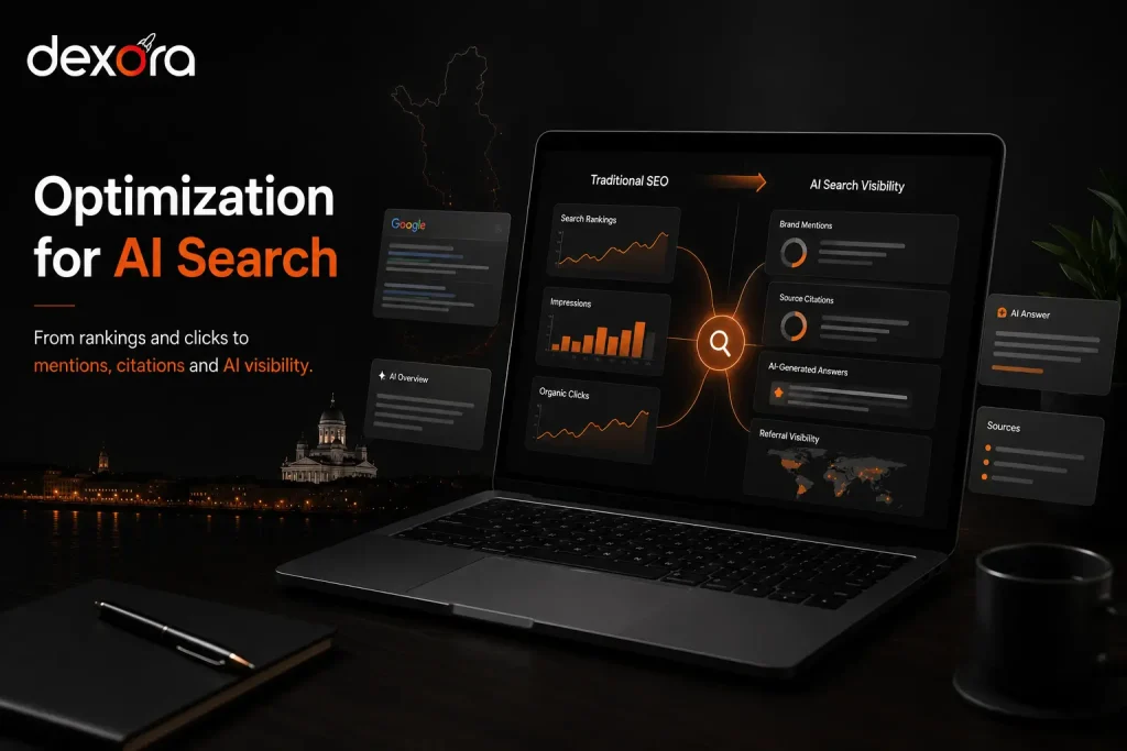 AI search optimization dashboard showing SEO rankings, citations, brand mentions, and AI visibility metrics.