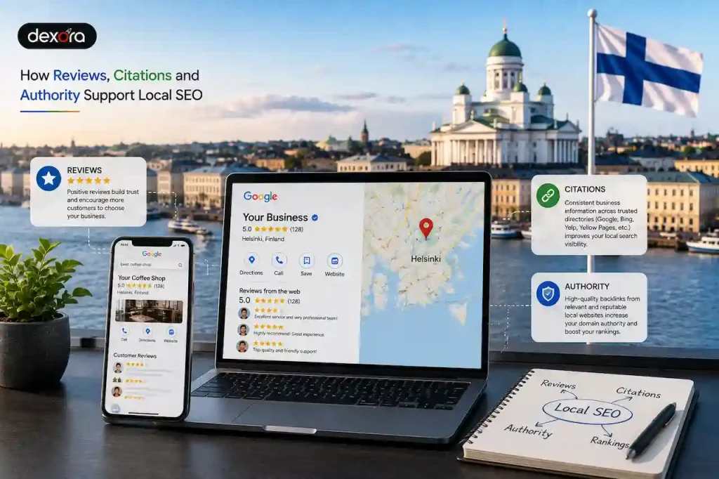 Reviews citations and authority supporting local SEO for businesses in Finland