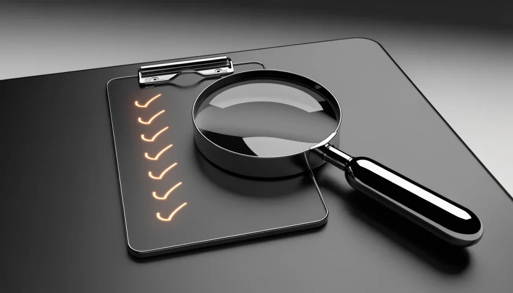 Clipboard checklist with a magnifying glass over a report