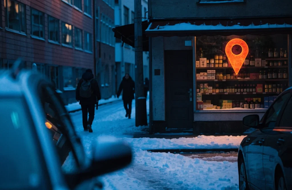 Illuminated local shop in snowy Oulu with a map pin marking its Google Business Profile