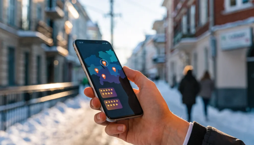 Hand holding a phone showing a map with local business pins and review cards