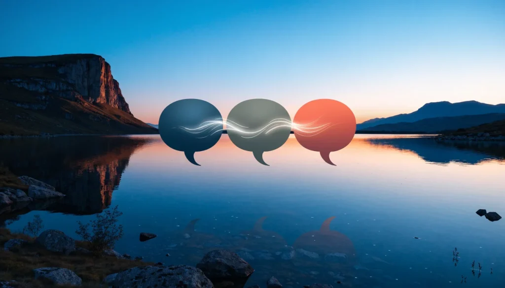 Speech bubbles linked by a bridge over a Nordic lake representing Finnish, Swedish and English content