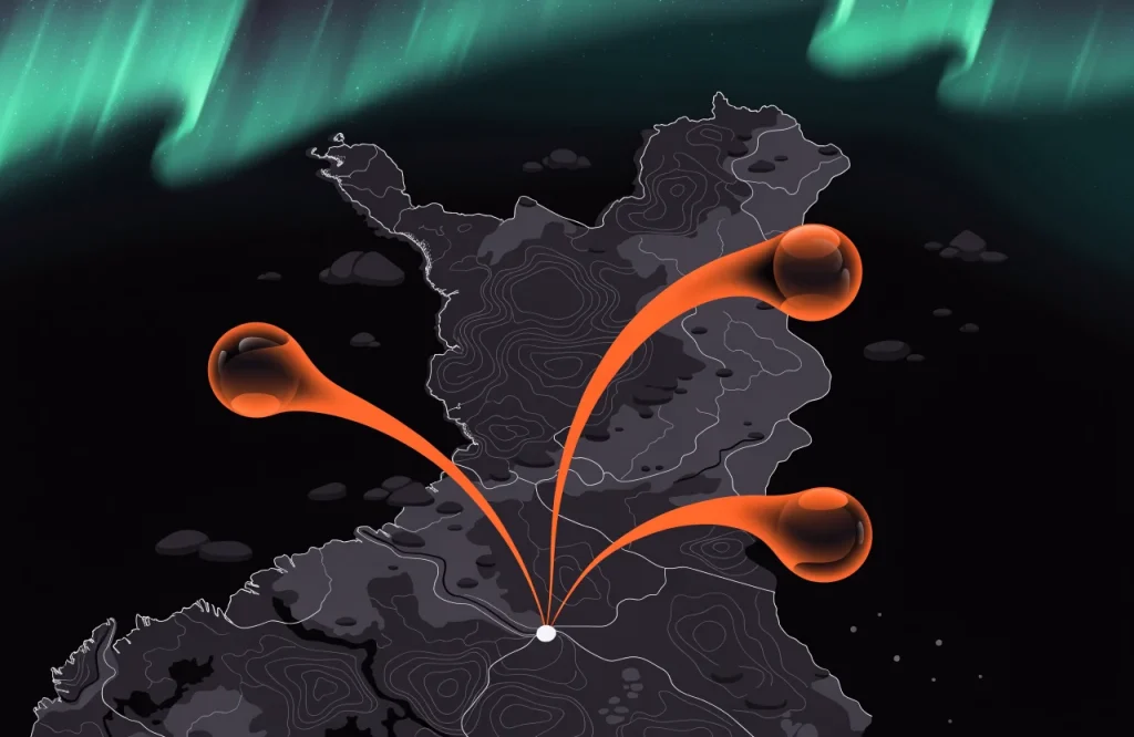 Three language routes branching across a map of Finland for multilingual SEO