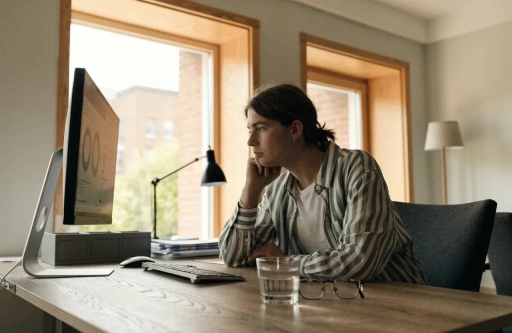 Marketing manager reviewing an SEO audit report on a large monitor