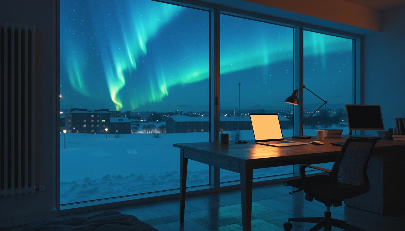 Agency desk by a window in Oulu with northern lights over snow
