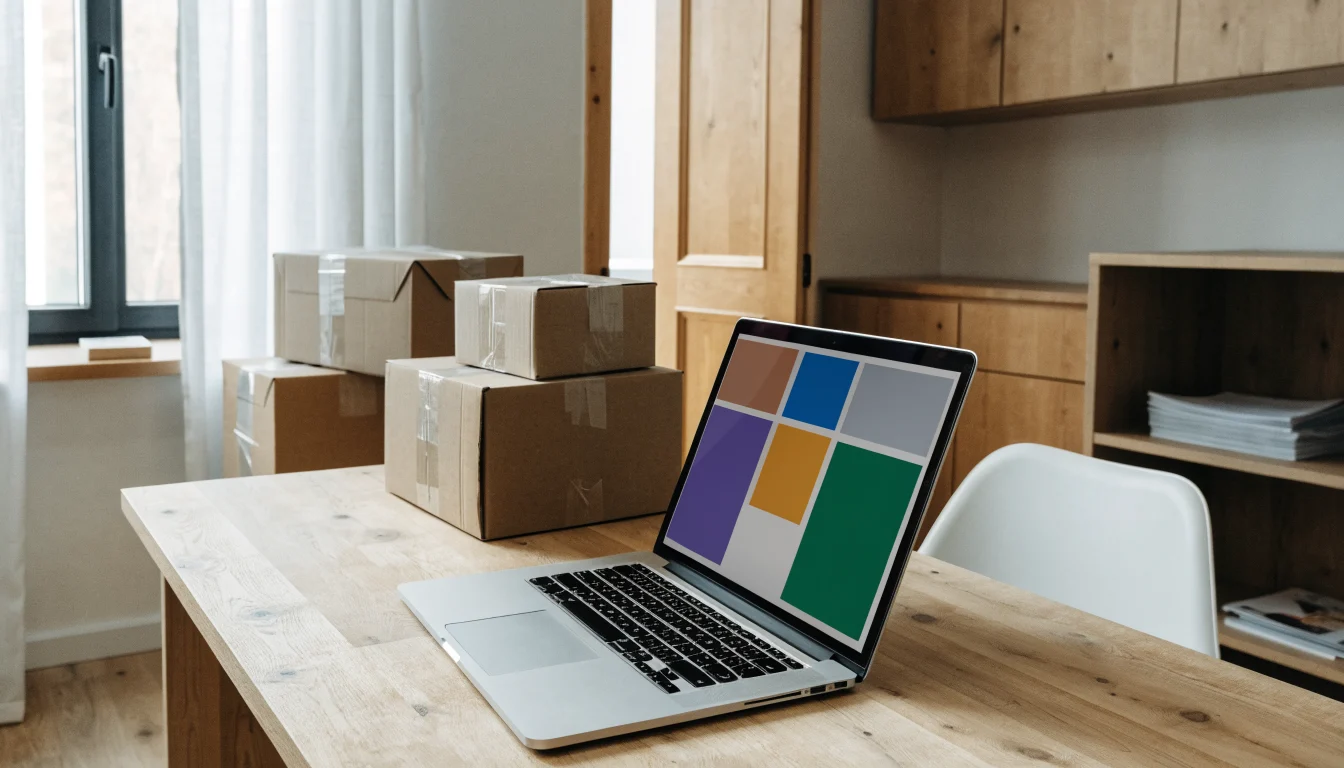 Online store product grid on a laptop beside packed shipping boxes