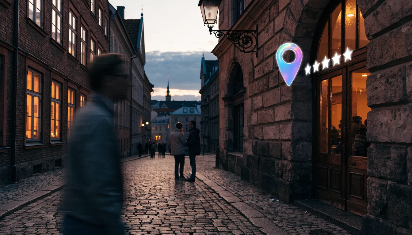 Helsinki street cafe with a floating map pin and review stars for local SEO
