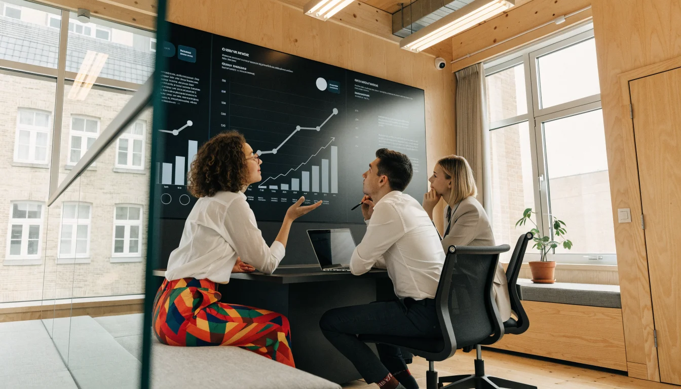 Marketing team reviewing organic growth analytics on a wall display